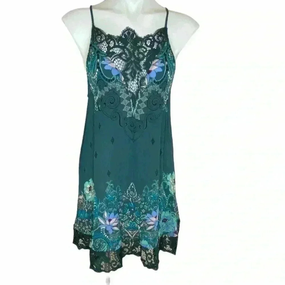 Intimately Free People Who's Sorry Now Lace Shift floral slip mini dress teal